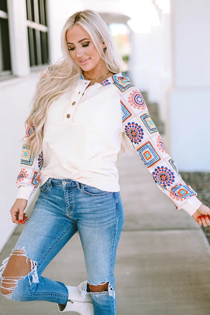 White Geometric Patchwork Raglan Sleeve Henley Hoodie - Chic Meadow Boutique 