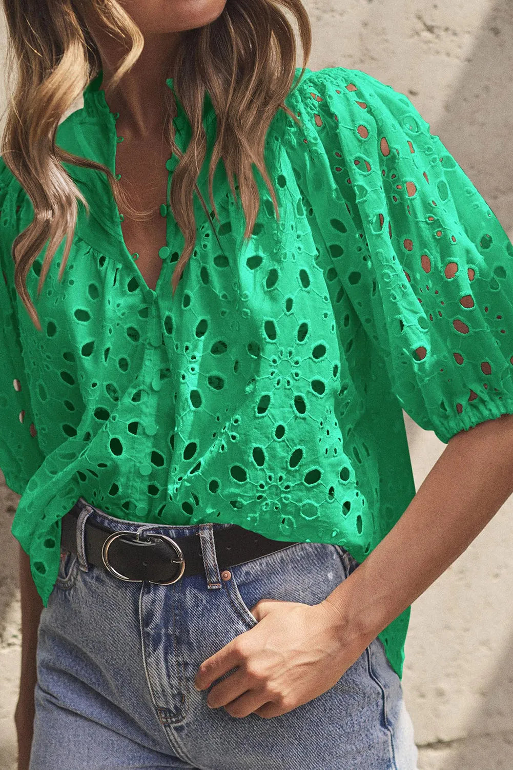 Green Flower Embroidered Hollow-out Puff Sleeve Blouse - Chic Meadow Boutique 