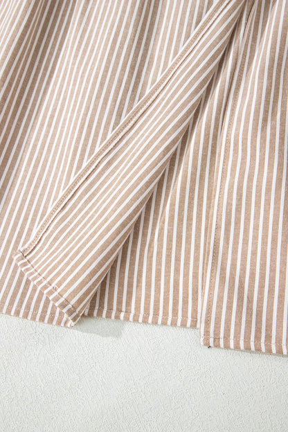 Khaki Stripe Flutter Sleeve Buttoned Front Slit Maxi Dress