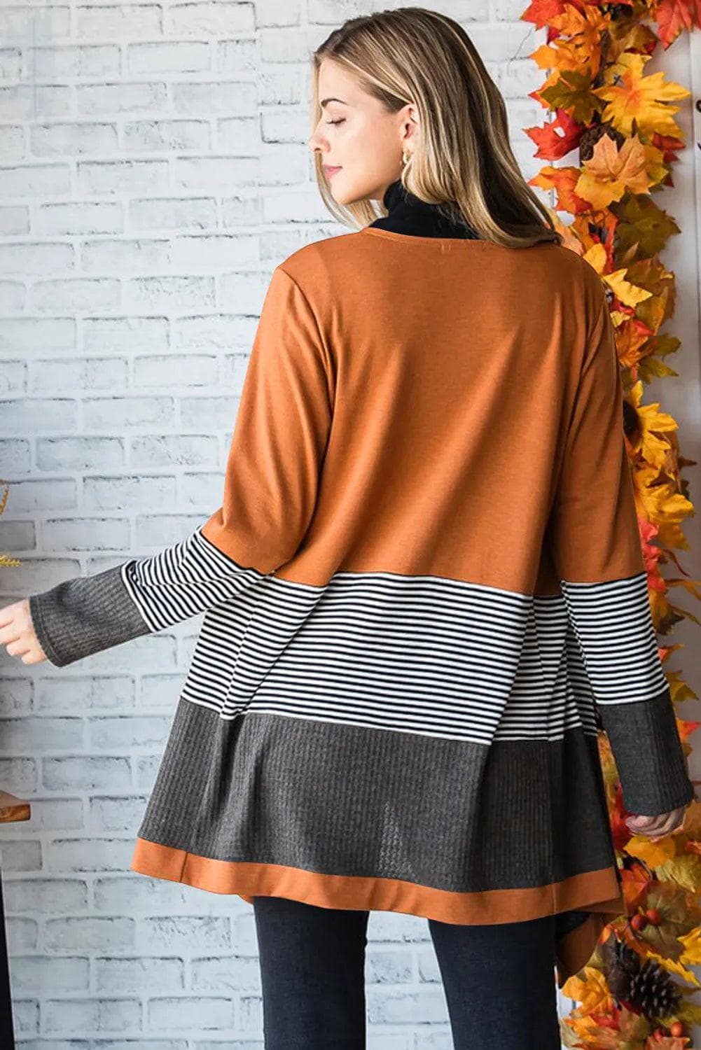 Sweaters & Cardigans/Cardigans Orange Colorblock Striped Patchwork Open Cardigan