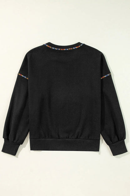 Black Contrast Rainbow Trim Drop Shoulder Pullover Sweatshirt - Chic Meadow Boutique 