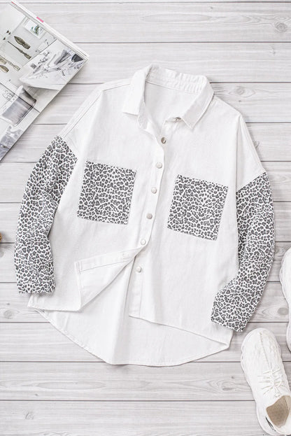 White Contrast Leopard Denim Jacket - Chic Meadow Boutique 