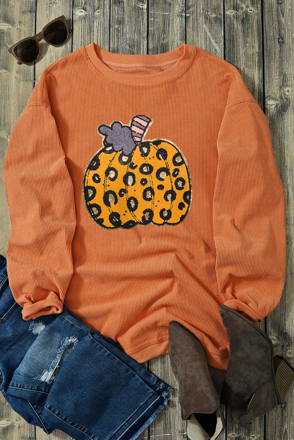 Orange Halloween Leopard Pumpkin Patchwork Ribbed Sweatshirt - Chic Meadow Boutique 