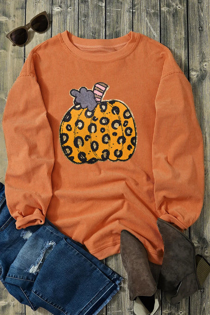 Orange Halloween Leopard Pumpkin Patchwork Ribbed Sweatshirt - Chic Meadow Boutique 