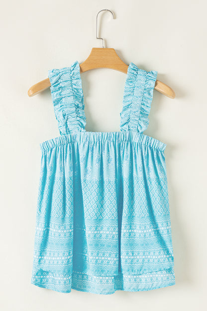 Sky Blue Tribal Pattern Print Ruffled Wide Straps Loose Tank Top