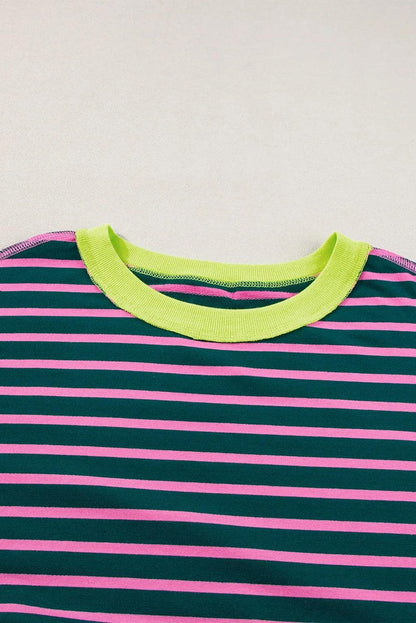 Tops/Tops & Tees Green Contrast Trim Exposed Seam High Low Stripe T Shirt