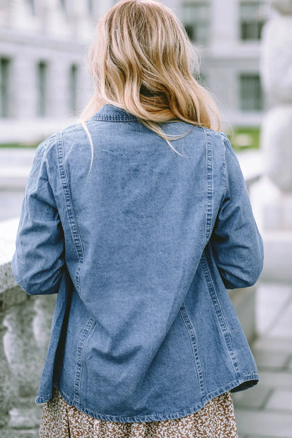 Sky Blue Button-up Long Sleeve Denim Shirt Jacket - Chic Meadow Boutique 