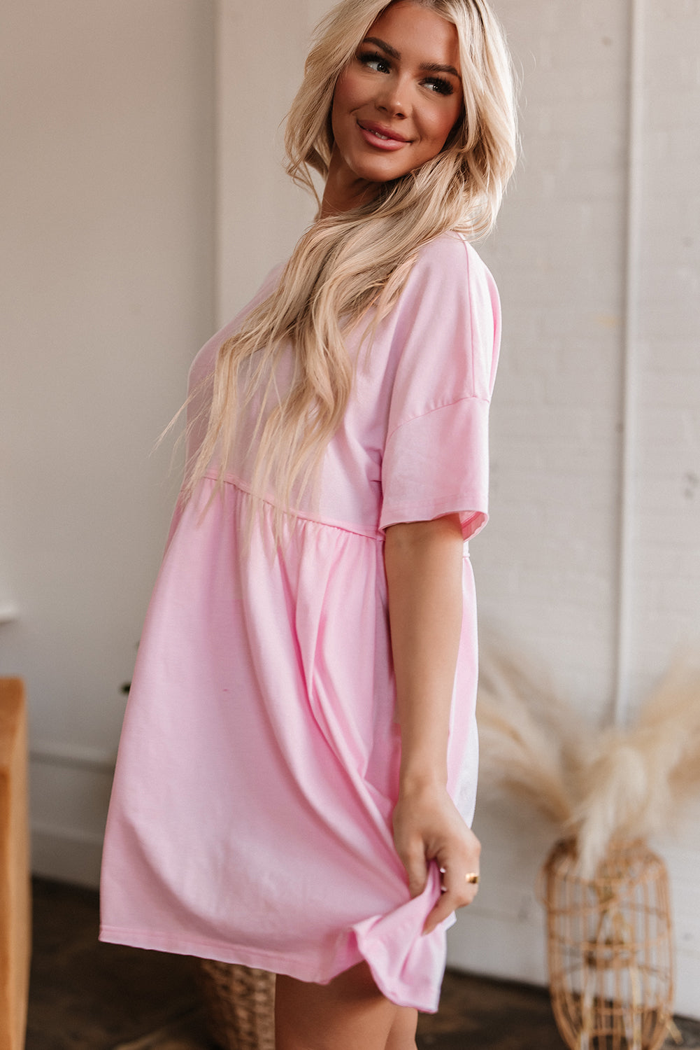 Light Pink Solid Color Pocketed Raw Edge Babydoll Dress