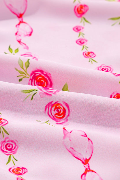 Pink Floral Print Half Zip Kangaroo Pouch Drawstring Hoodie