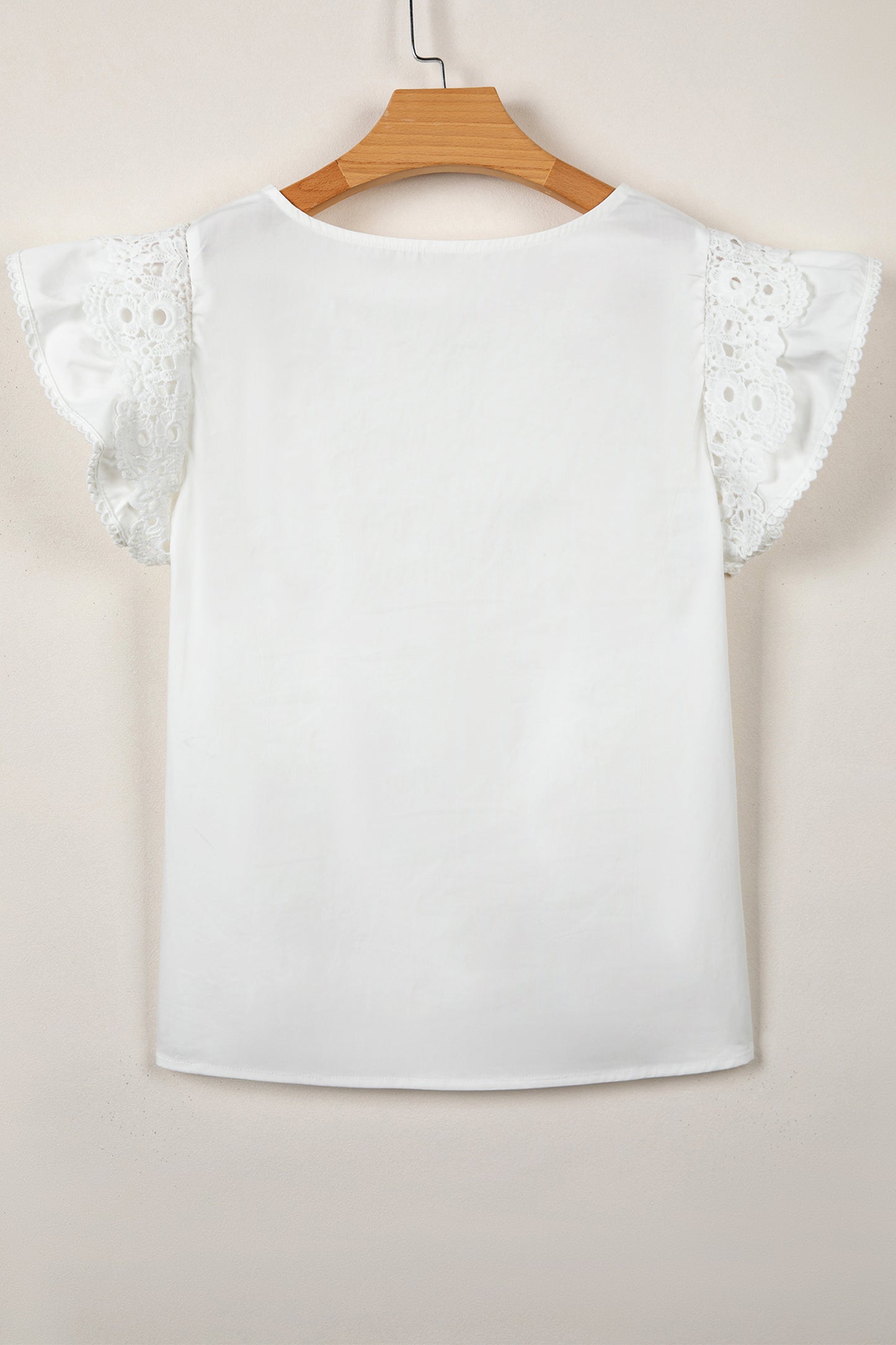 White Lace Detail Flutter Sleeve Pleated Round Neck Blouse