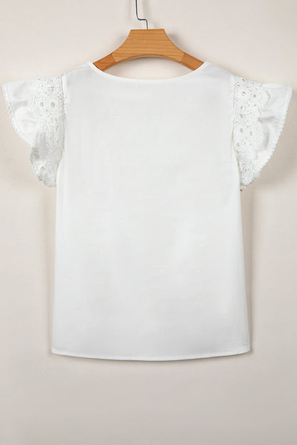 White Lace Detail Flutter Sleeve Pleated Round Neck Blouse
