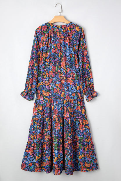 Blue Floral Print Tassel Tie V Neck Long Sleeve Flowy Long Dress
