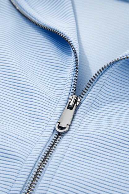 Beau Blue Textured Ruffled Sleeve Zipped Top and Wide Leg Pants Set