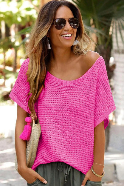 Pink Solid Loose Knit Short Dolman Sleeve Sweater - Chic Meadow Boutique 