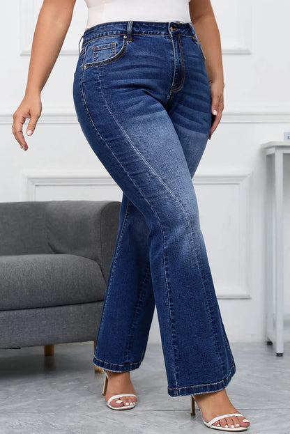 Dark Blue Plus Size Stitching Washed Flare Jeans - Chic Meadow Boutique 