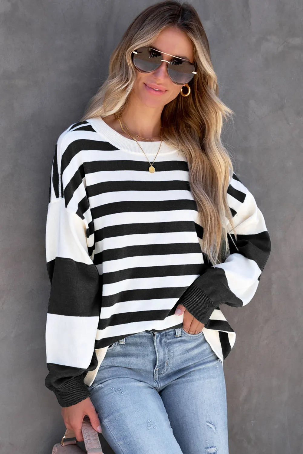 Black Stripe Drop Shoulder Striped Pullover Sweatshirt - Chic Meadow Boutique 