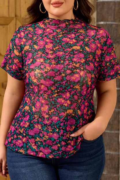 Rose Plus Size Floral Mesh Short Sleeve Top