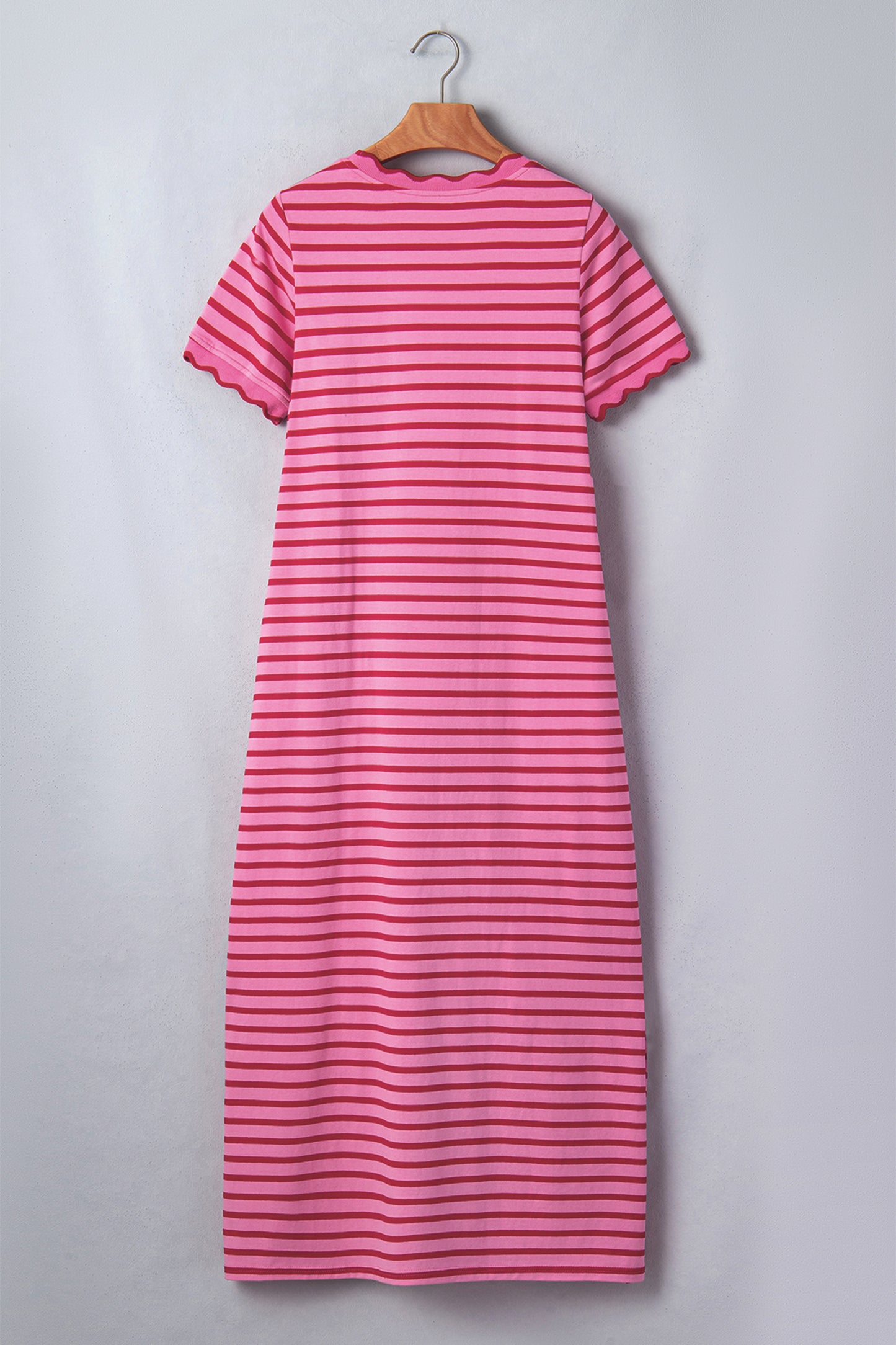 Rose Stripe Striped Short Sleeve Scalloped Trim Side Slit T-Shirt Dress
