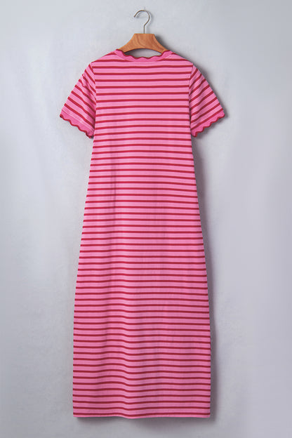 Rose Stripe Striped Short Sleeve Scalloped Trim Side Slit T-Shirt Dress