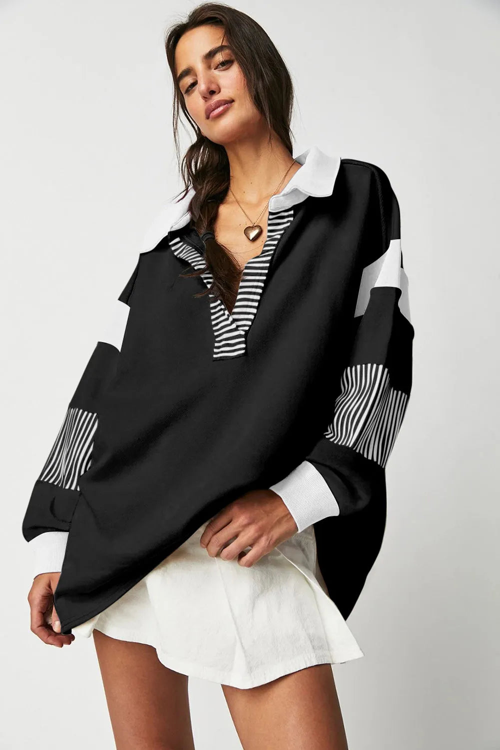 Black Striped Colorblock Patchwork Collar Sweatshirt - Chic Meadow Boutique 