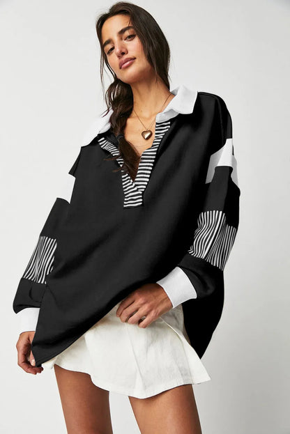 Black Striped Colorblock Patchwork Collar Sweatshirt - Chic Meadow Boutique 