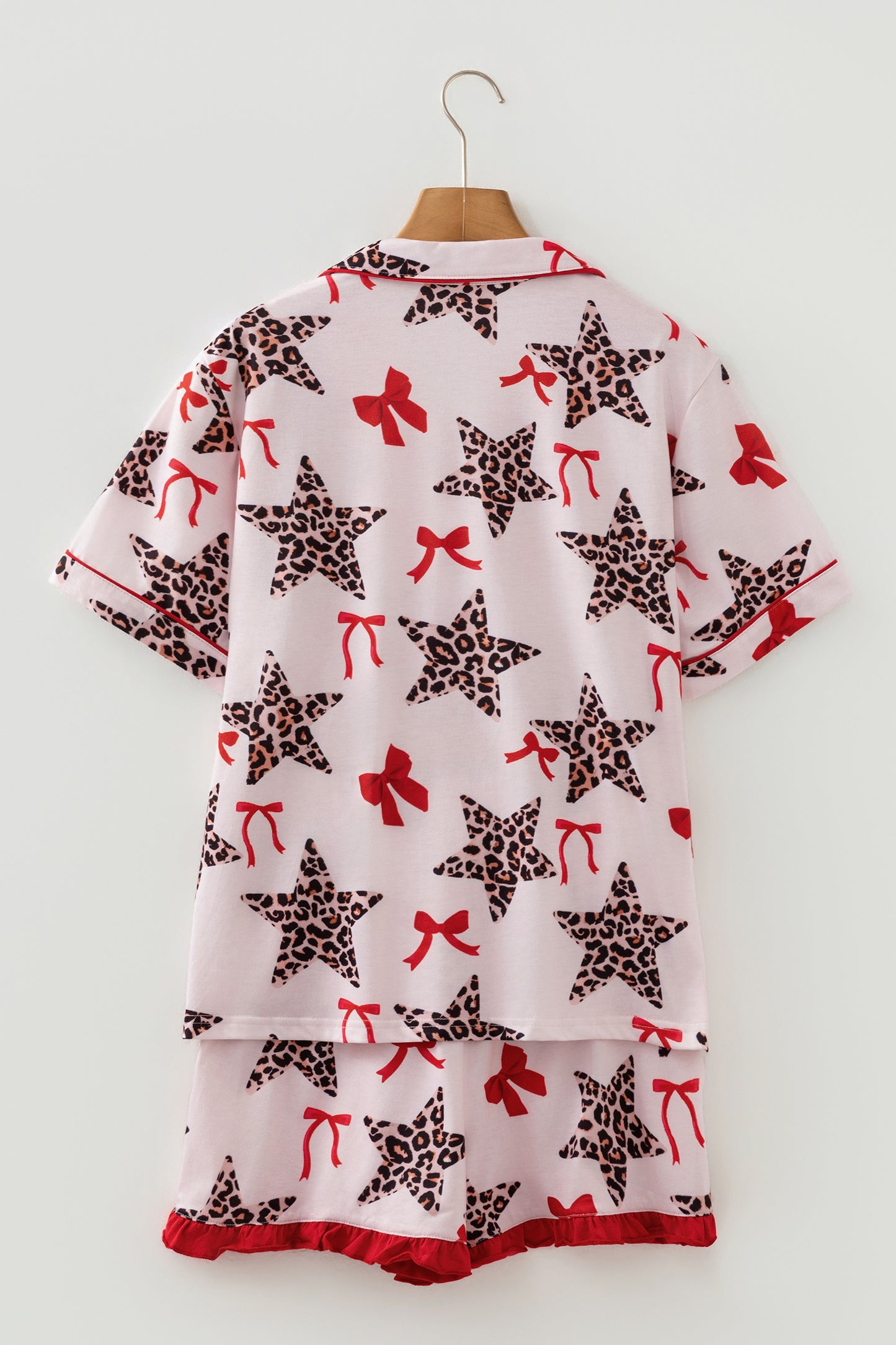 White Leopard Star Ribbon Bow Print Contrast Trim Short Pajama Set