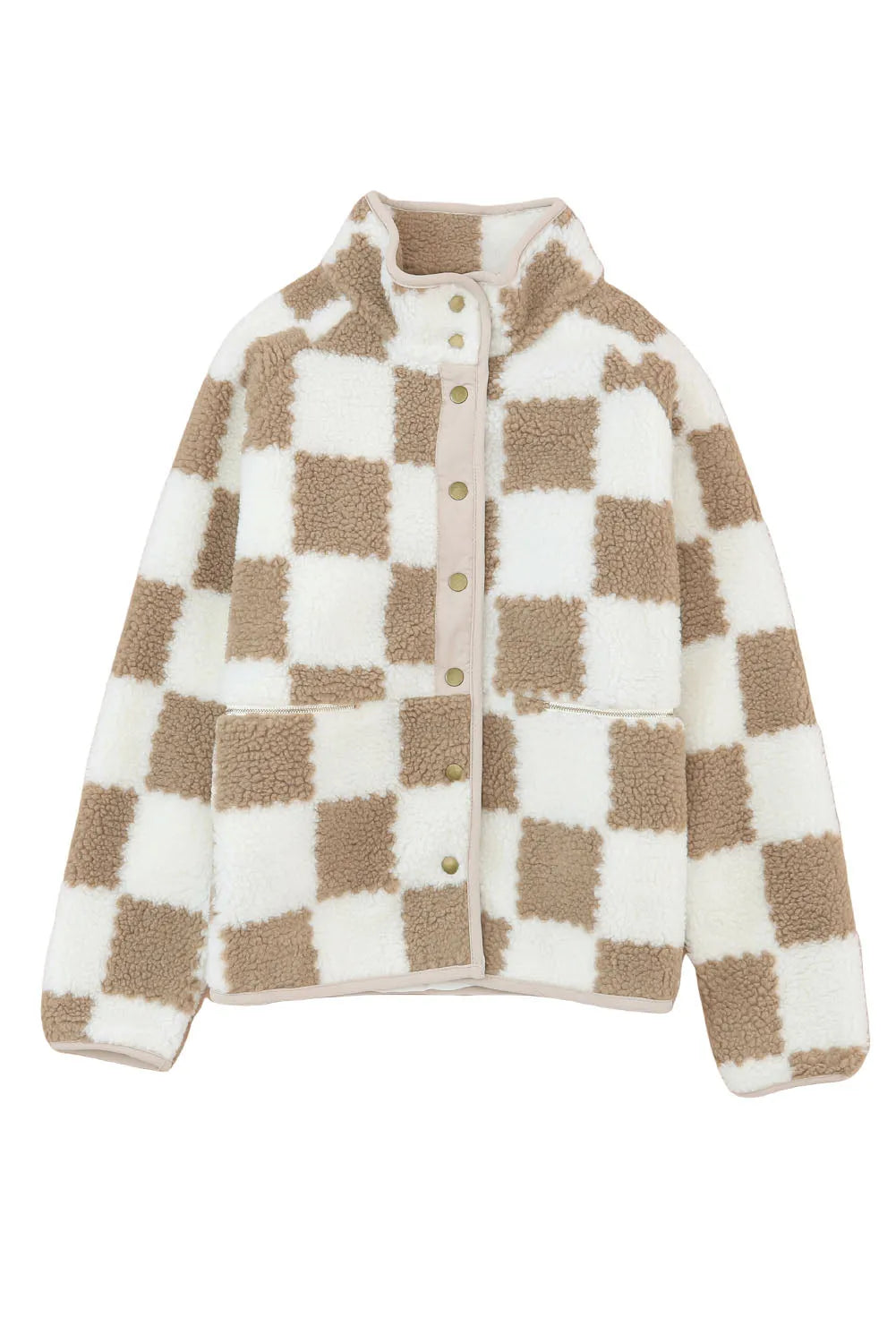 Brown Checked Snap Button Sherpa Jacket - Chic Meadow Boutique 