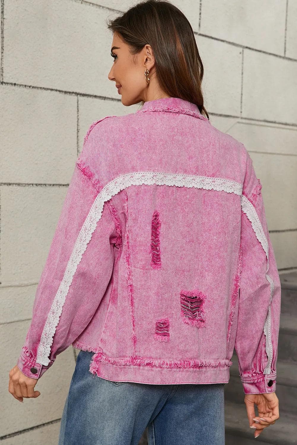 Outerwear/Denim jackets Pink Lace Patchwork Distressed Buttoned Denim Jacket