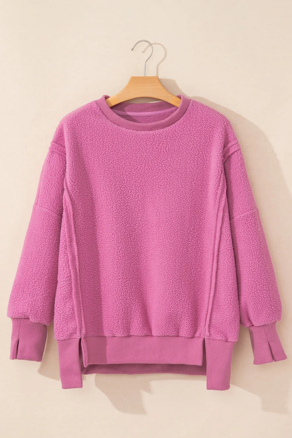 Bright Pink Sherpa Seamed Drop Shoulder Oversized Sweatshirt - Chic Meadow Boutique 