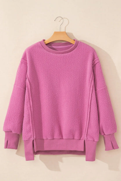 Bright Pink Sherpa Seamed Drop Shoulder Oversized Sweatshirt - Chic Meadow Boutique 