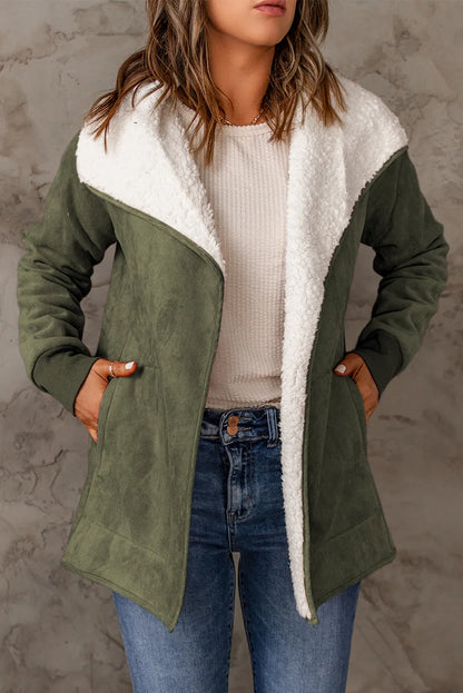 Green Faux Suede Fleece Lined Open Front Jacket - Chic Meadow Boutique 