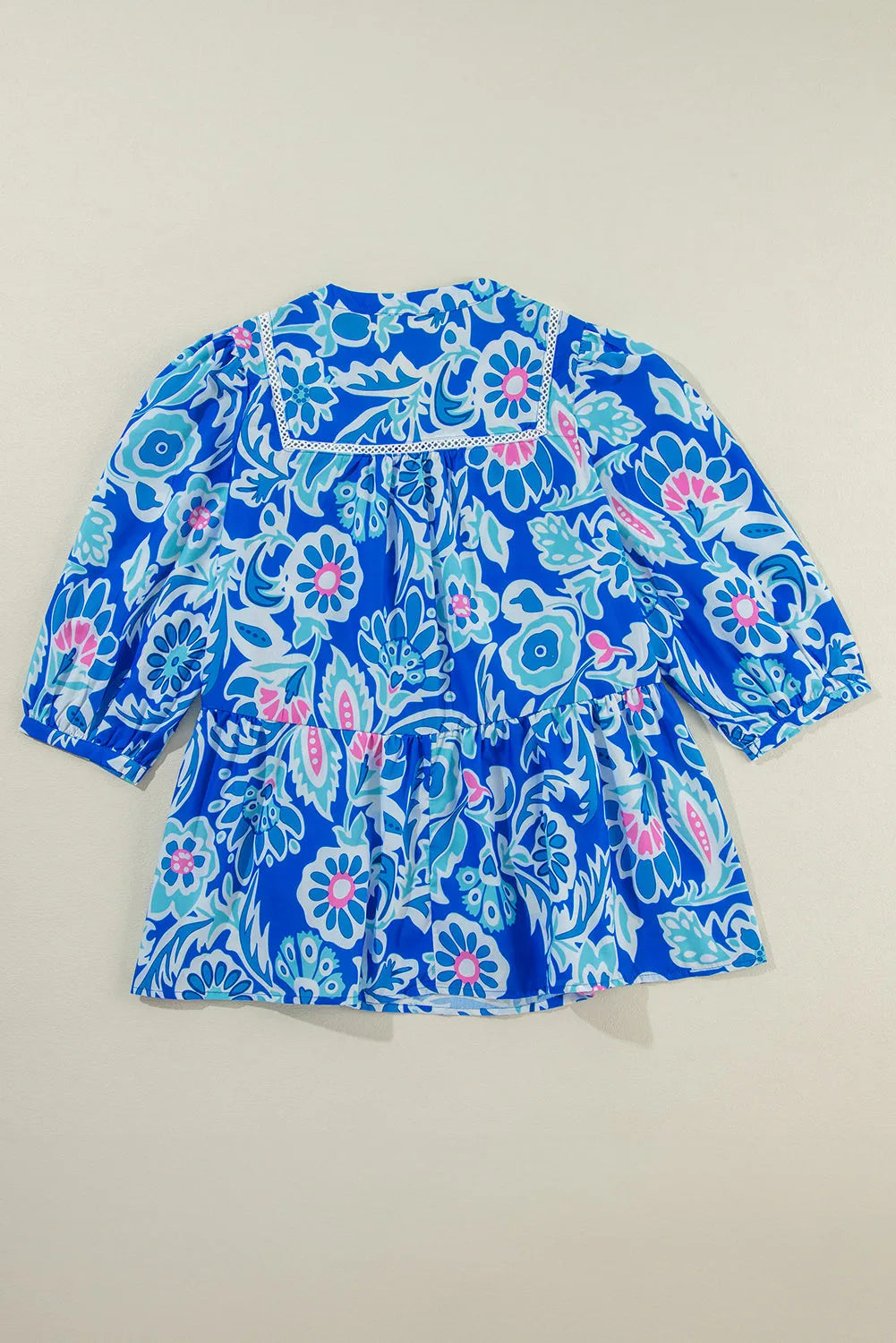 Blue Mix Floral Printed Lace Detail Bracelet Sleeve Blouse - Chic Meadow Boutique 