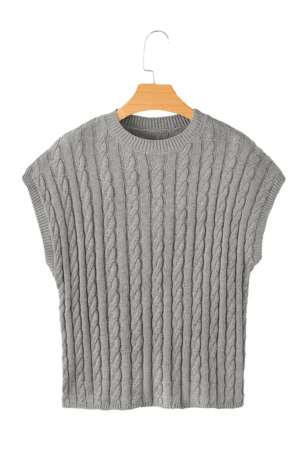 Gray Crew Neck Cable Knit Short Sleeve Sweater - Chic Meadow Boutique 