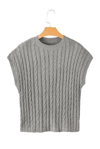 Gray Crew Neck Cable Knit Short Sleeve Sweater - Chic Meadow Boutique 