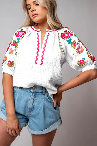 White Floral Embroidered Ricrac Puff Sleeve Textured Blouse - Chic Meadow Boutique 