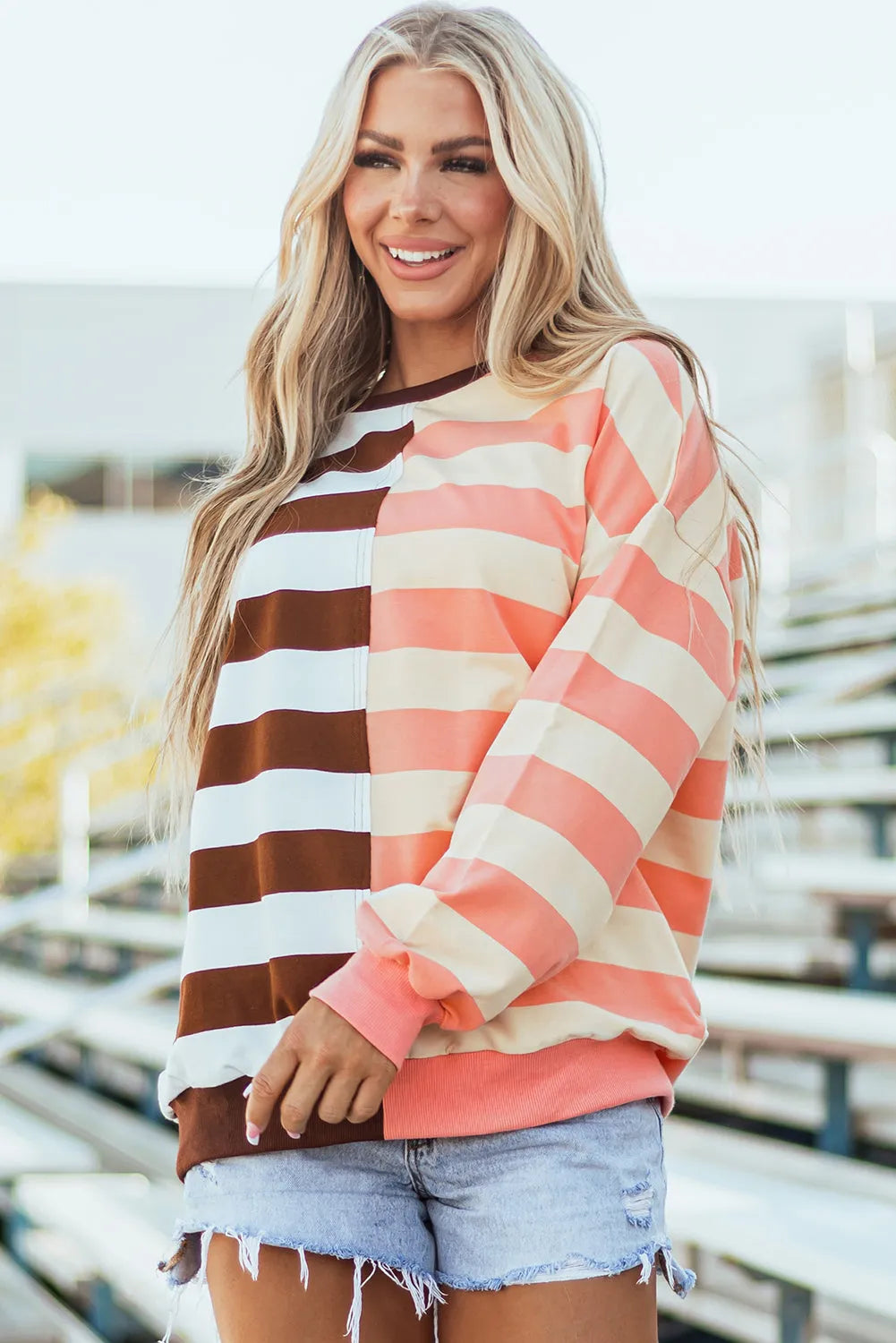 Brown Stripe Color Block Drop Shoulder Pullover Sweatshirt - Chic Meadow Boutique 