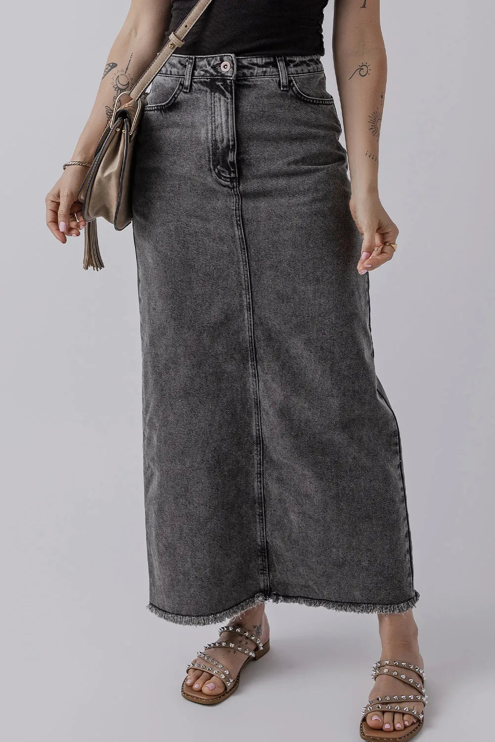 Dark Grey Denim Raw Hem Back Split High Waist Long Skirt - Chic Meadow Boutique 