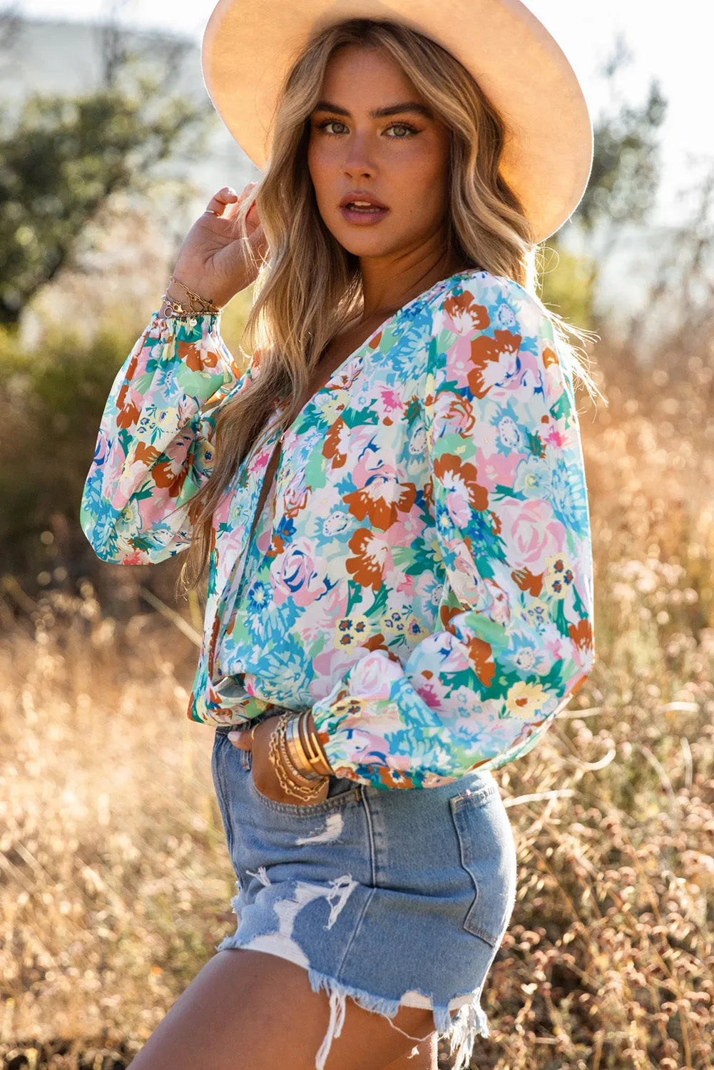 Sky Blue Floral Print Wrap Long Sleeve Bodysuit - Chic Meadow Boutique 