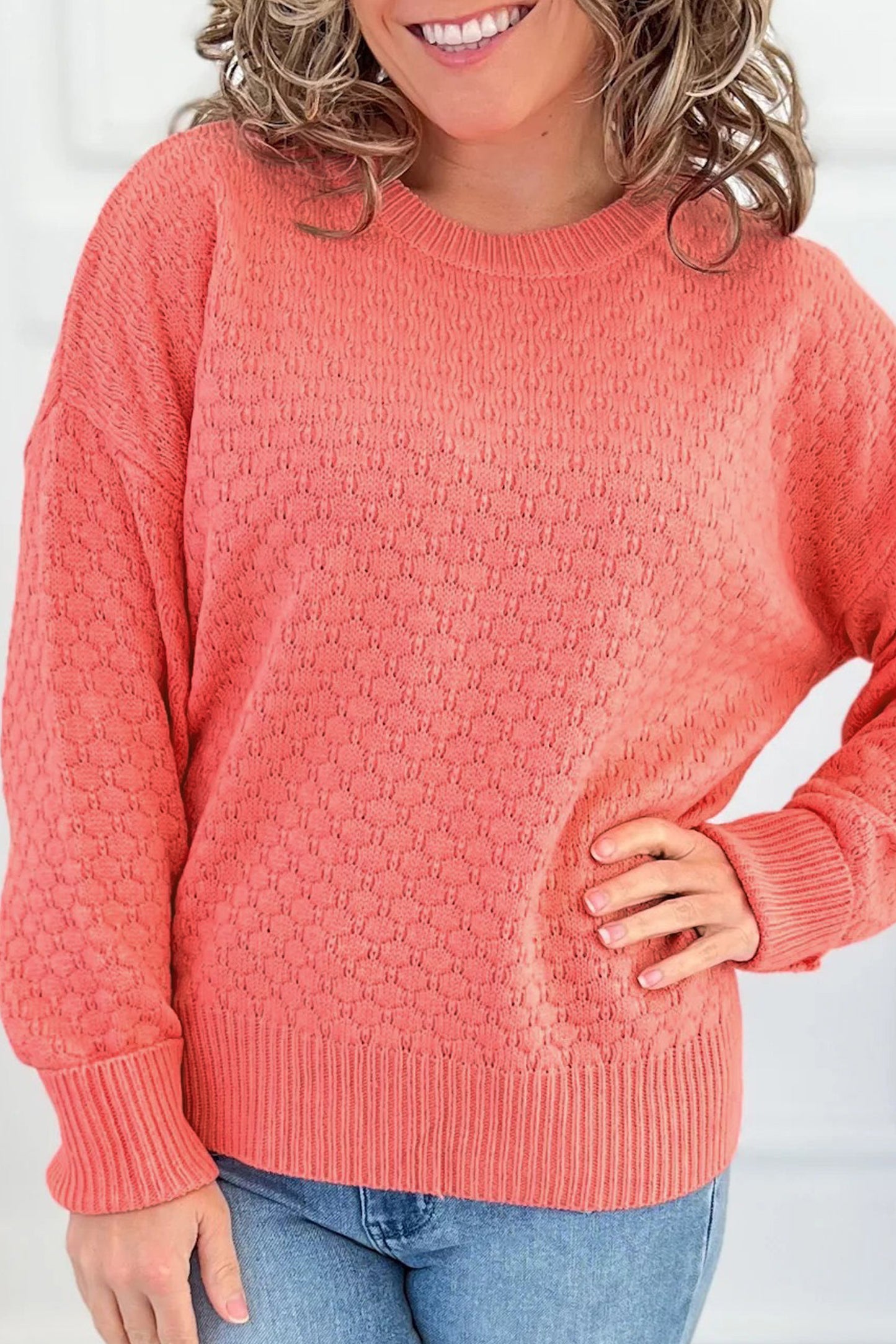 Coral Paradise Drop Shoulder Ribbed Knit Ribbed Long Sleeve Sweater