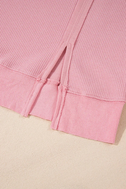 Pink Waffle Knit Bishop Sleeve Split Oversized Sweatshirt - Chic Meadow Boutique 