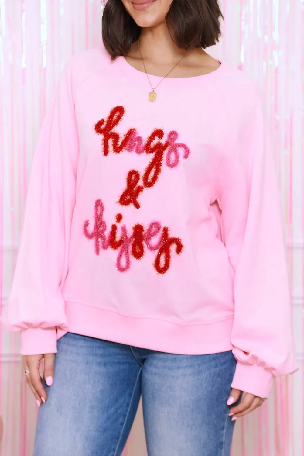 Pink Hugs and Kisses Pop Up Embroidered Raglan Sleeve Sweatshirt - Chic Meadow Boutique 