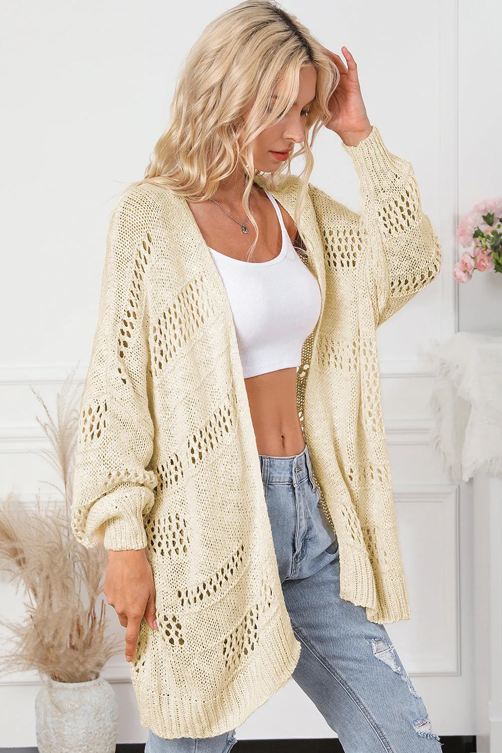 Apricot Casual Hollowed Knit Dolman Sleeve Cardigan - Chic Meadow Boutique 