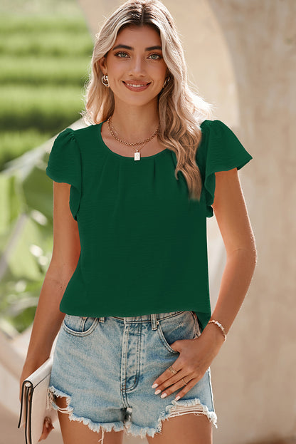 Blackish Green Flounce Sleeve Pleated Textured Blouse
