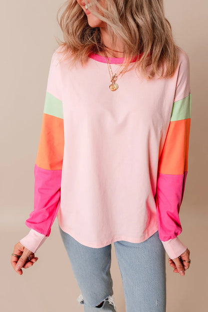 Pink Colorblock Patchwork Long Sleeve Loose Top - Chic Meadow Boutique 