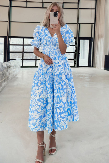 Sky Blue Floral V Neck Puff Short Sleeve Flowy Long Dress