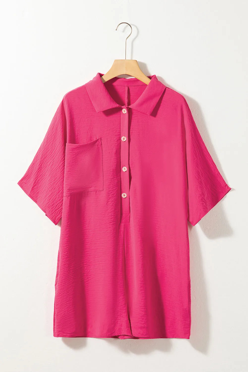 Bright Pink Half Button Collared Loose Romper - Chic Meadow Boutique 