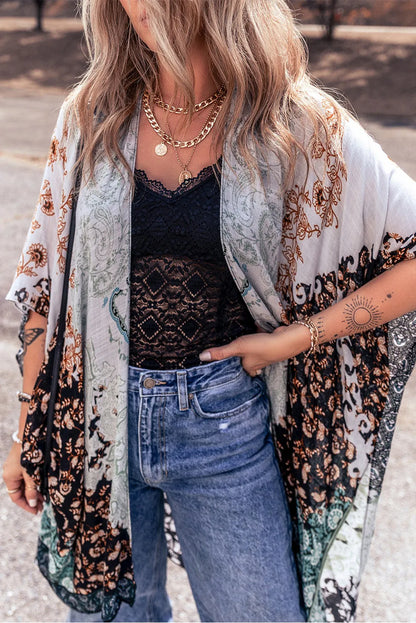 Green Boho Floral Print Irregular Hem Flowy Kimono - Chic Meadow Boutique 