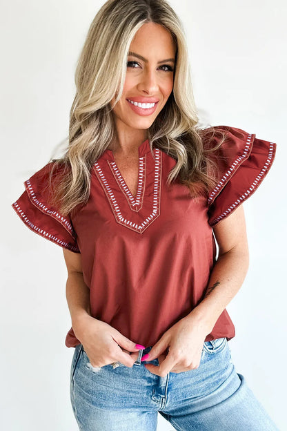 Clay Contrast Trim Flutter Sleeve V Neck Blouse