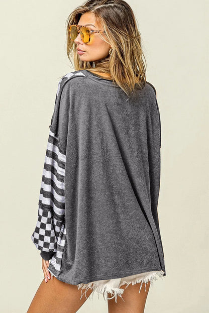 Dark Grey Checkerboard Striped Patchwork Lantern Sleeve Pocketed Blouse - Chic Meadow Boutique 