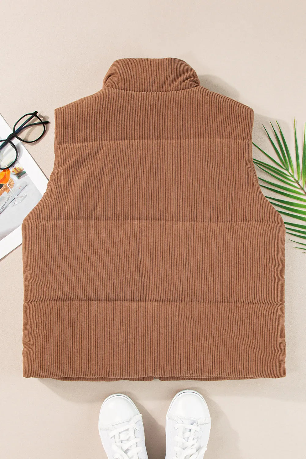 Coffee Corduroy Stand Neck Zipped Puffer Vest - Chic Meadow Boutique 